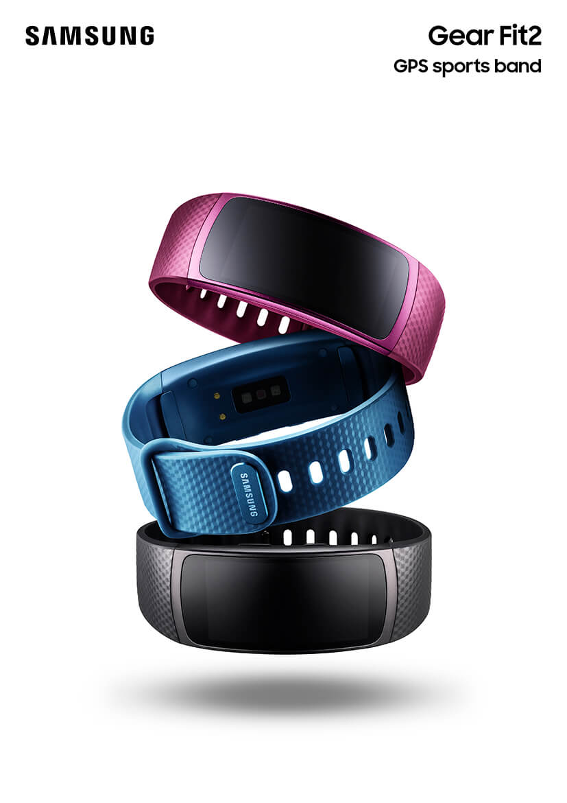 Samsung Gear Fit 2 in den Farben Lila, Blau und Schwarz